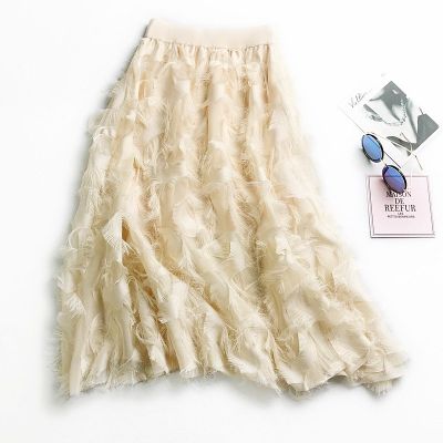 Womens Fashion 3D Feathers Tutu Skirt Korean Female High Waist Chiffon Black White Chic A-Line Midi Skirts  Spring Sk670