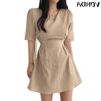 COD DSFGRDGHHHHH VONDA Women Korean Summer V Neck Half Sleeve Solid Color Pleated Tunic Mini Dress