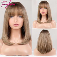 Straight Short Synthetic Bob Wig With Bangs For White Women Light Brown Blonde Wigs Daily Natural Hair Heat Resistant