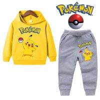 Conjunto de sudadera con capucha para niños y niñas, ropa de Anime de Pokémon, jersey de moda Harajuku, Tops y pantalones, traje de Pikachu, primavera y otoño