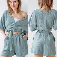 【jw】◄  Gauze Short Sleeve Shorts Two-Piece V-Neck Wrap Binding Crop Pijama Set