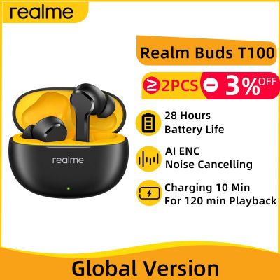ZZOOI Global Version realme Buds T100 TWS Earphone Bluetooth AI Niose Cancelling Wireless Headphone 28 Hour Battery life For realme 9