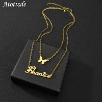 Atoztide Customized Name Necklace Butterfly Choker Stainless Steel Letter Double Layers Chain Pendant Jewelry for Women Gift2023