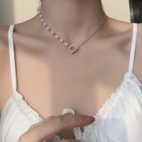 [COD] and Korea simple ins personality imitation pearl necklace asymmetric pendant French collarbone chain female