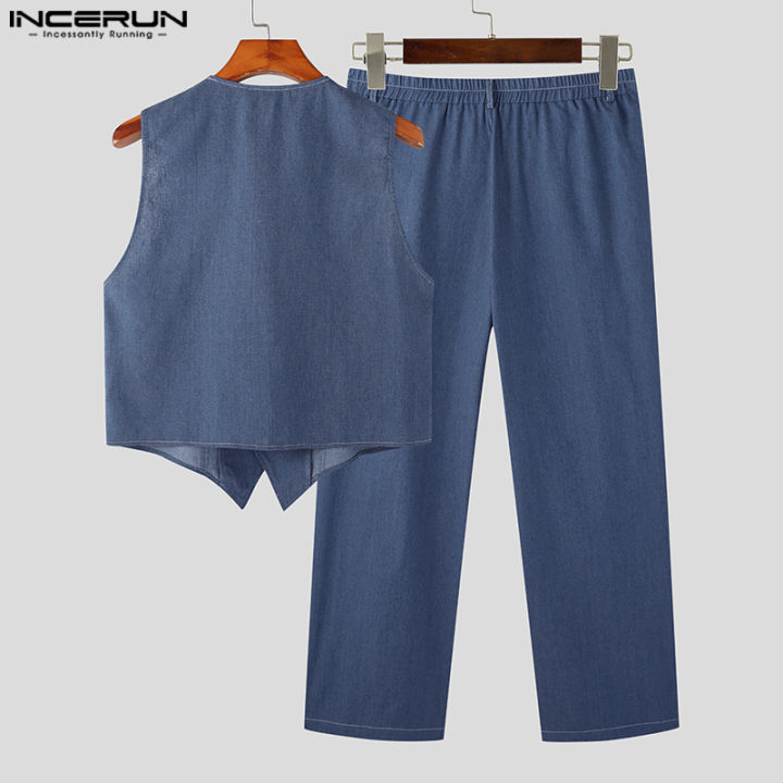 incerun-เสื้อยีนส์ลำลองสไตล์มินิมอล2ชิ้นสำหรับผู้ชาย-กางเกงขายาวชุดสูทธรรมดา-สไตล์ตะวันตก