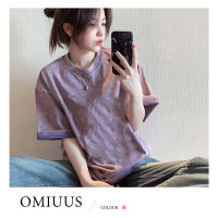 [OMIUUS] เสื้อยืดแขนสั้นทรงหลวมสไตล์วินเทจผ้าฝ้ายสีม่วงฟอกสำหรับผู้หญิง