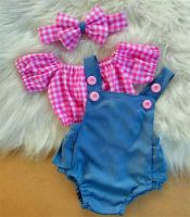 ✤❁ Baby Girl Summer Clothes Set Fashion Newborn Infant Plaid Short Sleeve Crop Tops Denim Romper Headband 3Pcs For Toddler Outfits