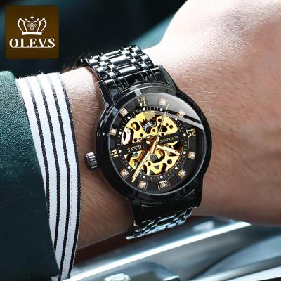 OLEVSนาฬิกาผู้ชายสายสแตนเลสแฟชั่นกันน้ำ,นาฬิกากลไกอัตโนมัติแบบดั้งเดิมของผู้ชายมีแสงมองเห็นกลางคืนกลวง