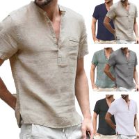 【Feb】 New Fashion Cotton Linen Casual Shirts Mens Basic Classic Shirt Male Short Sleeve V-Collar Breathable Men 39;s Shirts