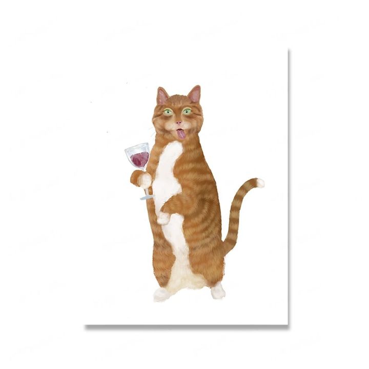 แมวดำแก้วยิงผนังศิลปะโปสเตอร์ผ้าใบสีส้ม-tabby-ดื่มไวน์พิมพ์จิตรกรรมห้องน้ำห้องตกแต่งห้องน้ำรูปภาพใหม่