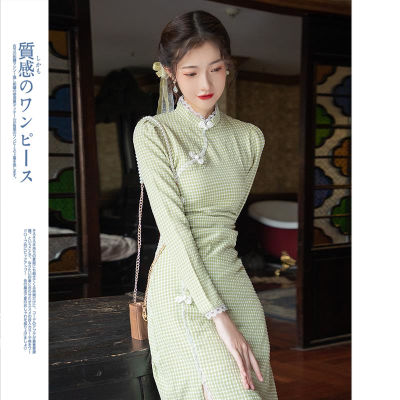 Cheongsam 2022แขนยาวปรับปรุงเด็กสาวขนาดเล็กสดสไตล์จีนชุดสีเขียว