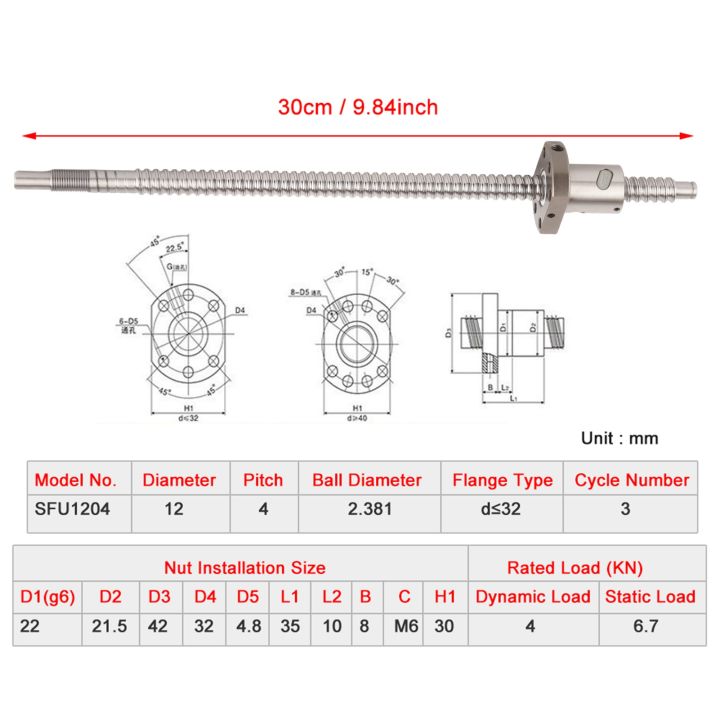 บอลสกรู-sfu1204-บอลสกรูรีด-300-มม-บอลนัทป้องกันฟันเฟืองโดยไม่รองรับปลายด้านข้าง