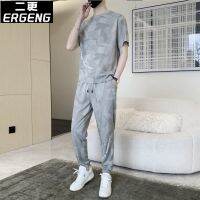 【hot seller】 thinner ice silk mens casual sports suit summer all-match short-sleeved trousers