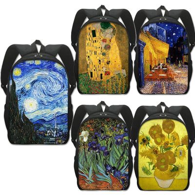 กระเป๋าเป้มีลายน้ำมันจุมพิตดอกทานตะวันสำหรับคืนที่เต็มไปด้วยดวงดาว Van Gogh Monet Klimt กระเป๋านักเรียนหญิงกระเป๋าสะพายหลังผู้ชายนักเรียนกระเป๋าเป้แล็ปท็อป
