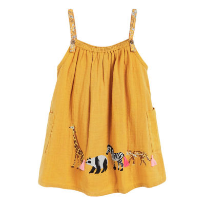 2022ฤดูร้อนเด็กแต่งตัวเสื้อผ้าเด็กผู้หญิงสลิปผ้าฝ้ายสัตว์ Vestido แขนกุดกระเป๋าชุด2-7ปีเสื้อผ้าเด็กสีเหลือง