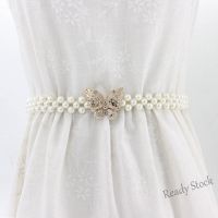 【hot sale】 ☈♛ B55 Thin Waist Chain Elastic Belt Rhinestone Pearl Dress Wedding Dress Belt