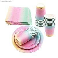 ❀❀ 1Set Gradient Rainbow Disposable Tableware Paper Cups Plates Napkins Tablecloth For Kids Birthday Wedding Supplies Party Decor