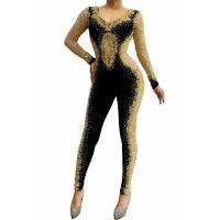 Shining Gold Rhinestones Jumpsuit เซ็กซี่เลดี้ตอนเย็นงานพรอมปาร์ตี้เพชรวันเกิดฉลองชุดนักร้องเวทีสวมชุดเต้นรํา