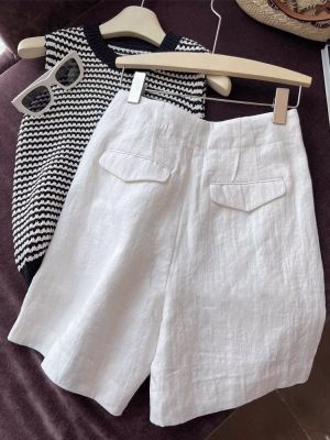 กางเกงขาสั้นสูทสีขาวแนววินเทจสไตล์ญี่ปุ่นสำหรับผู้หญิงฤดูร้อนแบบบางเอวสูง a กางเกงขากว้างห้าส่วน
