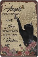 Tin Sign Angels Dont Always Have Wings Sometimes They Have Whiskers Floral Black Cat Vintage Metal Sign Plaque Wall Decoration