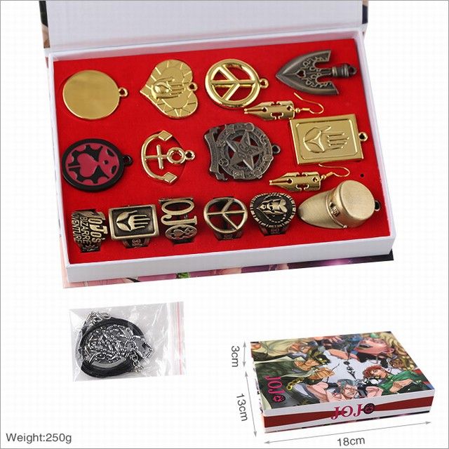 16 pcsbox Anime JoJos Bizarre Adventure metal keychain necklace pendant badge ring set suit box toy gifts
