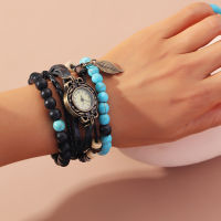 New Arrive Women Bracelet Watch Bohemia Style Leaves Beads 3 Pieces Jewelry Set Casual All-match Accessories