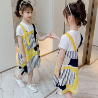 สาวกระโปรงเสื้อผ้าเด็กเวอร์ชั่นเกาหลี2022ใหม่สีเหลืองลายสาวแต่งตัวฤดูร้อนหญิงผ้าฝ้ายแขนสั้นปลอมสองชิ้นเจ้าหญิงกระโปรง