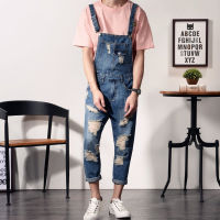 กางเกงยีนส์ชาย Denim Overalls ชายฉบับภาษาเกาหลีของ Hole กางเกงยีนส์สีฟ้าอ่อน Overalls ขนาด S-6XL