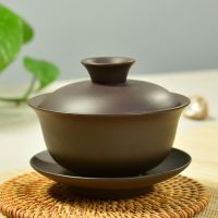 Purple Grit Gaiwan Chinese Tea Set Yixing Raw Ore Zisha Teacup Retro Ceramic Tureen Black Mud Tea Cup Saucer Set Puer Teaware