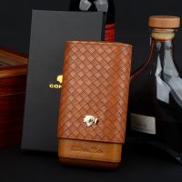 ۩ COHIBA Cigar Holder Smoking Accessory Travel Humidor leather Cigar Case Brown Tobacco Box Up To 63 Ring Gauge Cedar Wood 3 Tube