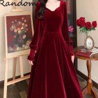 New Year  Christmas Party Midi Velvet Dress Square collar Long Sleeve High Waist A Line Dresses For Woman Plus Size Clothing