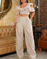 Striped Ruffle Hem Crop Top &amp; Straight Leg Pants Set Chic Fashion Summer Daily High Style Form-Fitting Short Sleeve