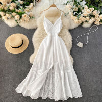 2021Summer New Style Bohemian Vestidos Feminine Deep V-neck Buckle Slim-fit Split Split Ruffled Holiday Midi Dress GK334