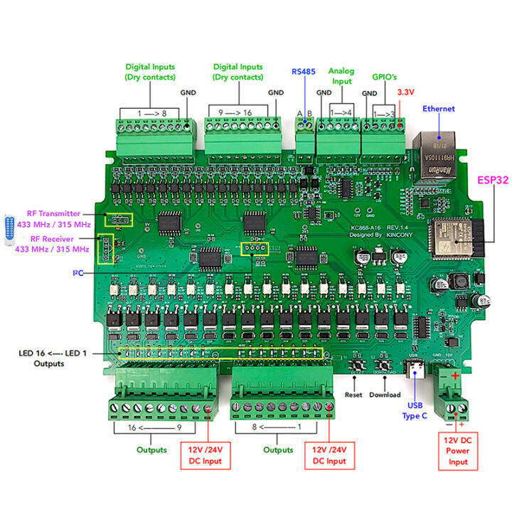 kincony-a16-tasmota-esphome-home-assistant-arduino-ide-esp32-development-board-mqtt-tcp-web-http-smart-switch-controller