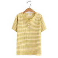 【มีไซส์ใหญ่】Plus Size Womens XL-4XL Round Neck Knitted Summer Shirts Oversized Striped Black Yellow Tops Fashion Female Top