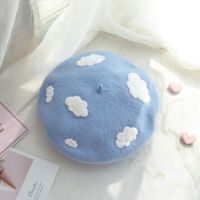 ✚┅ Women Autumn Winter Beret Hat Wool Knitted Berets Cap with Clouds Decoration Solid Colors Lady Beanies Hat