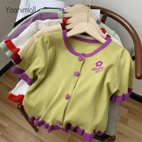 Ready Stock Korean Style Summer Contrast Color Embroidered Short Sleeve Knitted Cardigan