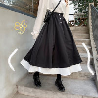 HOUZHOU Vintage Elegant Ruffle Long Skirt Women Kawaii Black Buttons Patchwork A-line Midi Skirt Casual Summer Korean Fashion