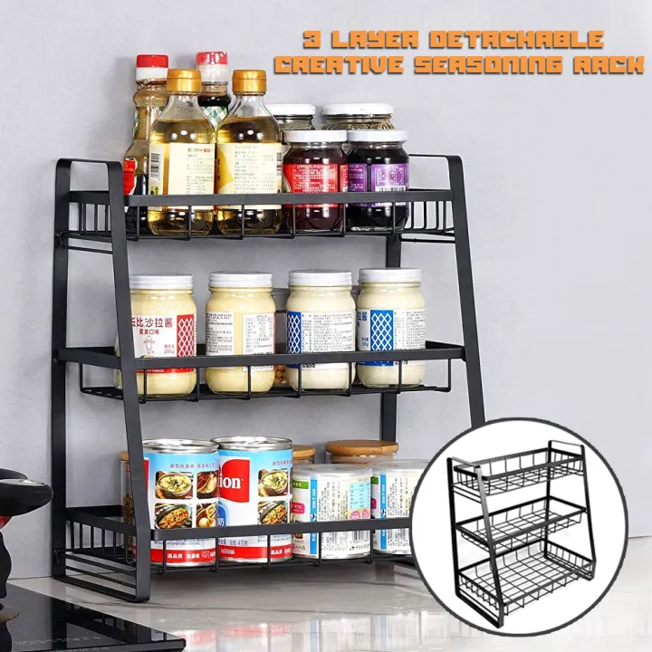 Kitchen Storage Shelves Spice Rack 3 Layers Flat Bottom Detachable Wall