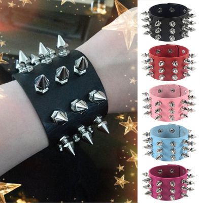 Three Row Cuspidal Spikes Rivet Stud Wide Cuff PU Leather Punk Gothic Rock Unisex Bracelet Men Jewelry Leather Bracelet