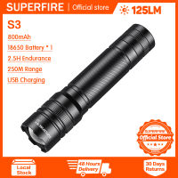 SUPERFIRE ไฟฉาย S3ไฟฉาย LED ขนาดเล็กกันน้ำที่มีประสิทธิภาพ LED ใช้ไฟฉายซูมได้18650แบตเตอรี่สำหรับตั้งแคมป์กลางแจ้งฉุกเฉิน