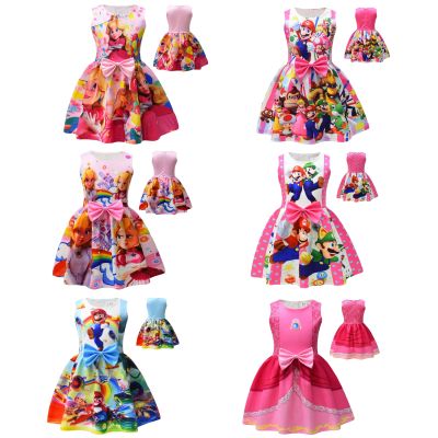 2023 New Princess Peach Costume Dress for Girls Kids Super Brothers Sleeveless Dress 3D Funny Printing Costumes Cosplay Outfits