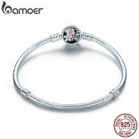 BAMOER Authentic 925 Sterling Silver Poetic Daisy Cherry Blossom Mixed Enamels &amp; Clear CZ Snake Chain Bracelet Jewelry PAS919