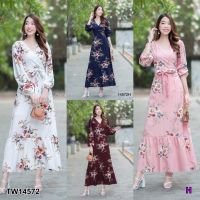 JK14572 Maxi Dress เดรสยาว อกไขว้ซ้อนด้านหน้า แขนยาวปลายแขนจั้ม ตัดต่อชายระบายย่น มีซิปซ่อนด้านหลัง มีโบว์ผูกเอว