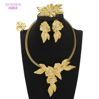 【lz】▩▣  SUNNICE-18K Conjunto De Jóias Italiano Banhado A Ouro para Mulheres Grande Pingente De Flor Festa De Casamento Moda Colar Brincos Pulseira Anel