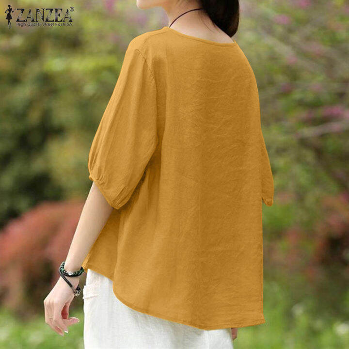 สินค้ามาใหม่-จัดส่งฟรี-fancystyle-zanzea-เสื้อยืดผ่าข้างฝ้ายลินินสำหรับผู้หญิงเสื้อสูงต่ำเย็บลายดอกไม้ย้อนยุค-8