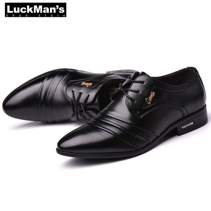luckman-รองเท้ารองเท้าชุดเดรสหนัง-pu-สำหรับผู้ชาย-รองเท้าธุรกิจผู้ชายแนวแฟชั่นรองเท้าหนังหุ้มข้อผู้ชายแหลมสีดำรองเท้ารองเท้างานแต่งงานเป็นทางการระบายอากาศผ้าอ๊อกซ์ฟอร์ด