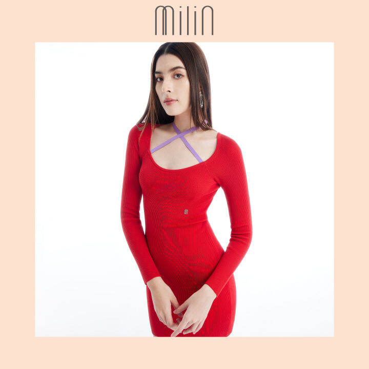 milin-heart-neckline-spaghetti-long-sleeves-fitted-silhouette-knitted-bustier-dress-เดรสแขนยาวเข้ารูปทรงคอรูปหัวใจทอนิตติ้ง-juicy-dress