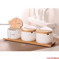 Porcelain Condiment Jar Spice Container with Lids - Bamboo Cap, Wooden Tray Dropship