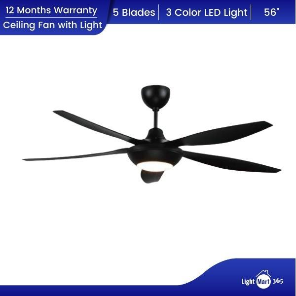 5 Blades Ceiling Fan With 3 Color LED Light 6 Speeds Positive Reversal ...